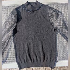 Knit Top with Sheer Sleeves And Sequin Detail